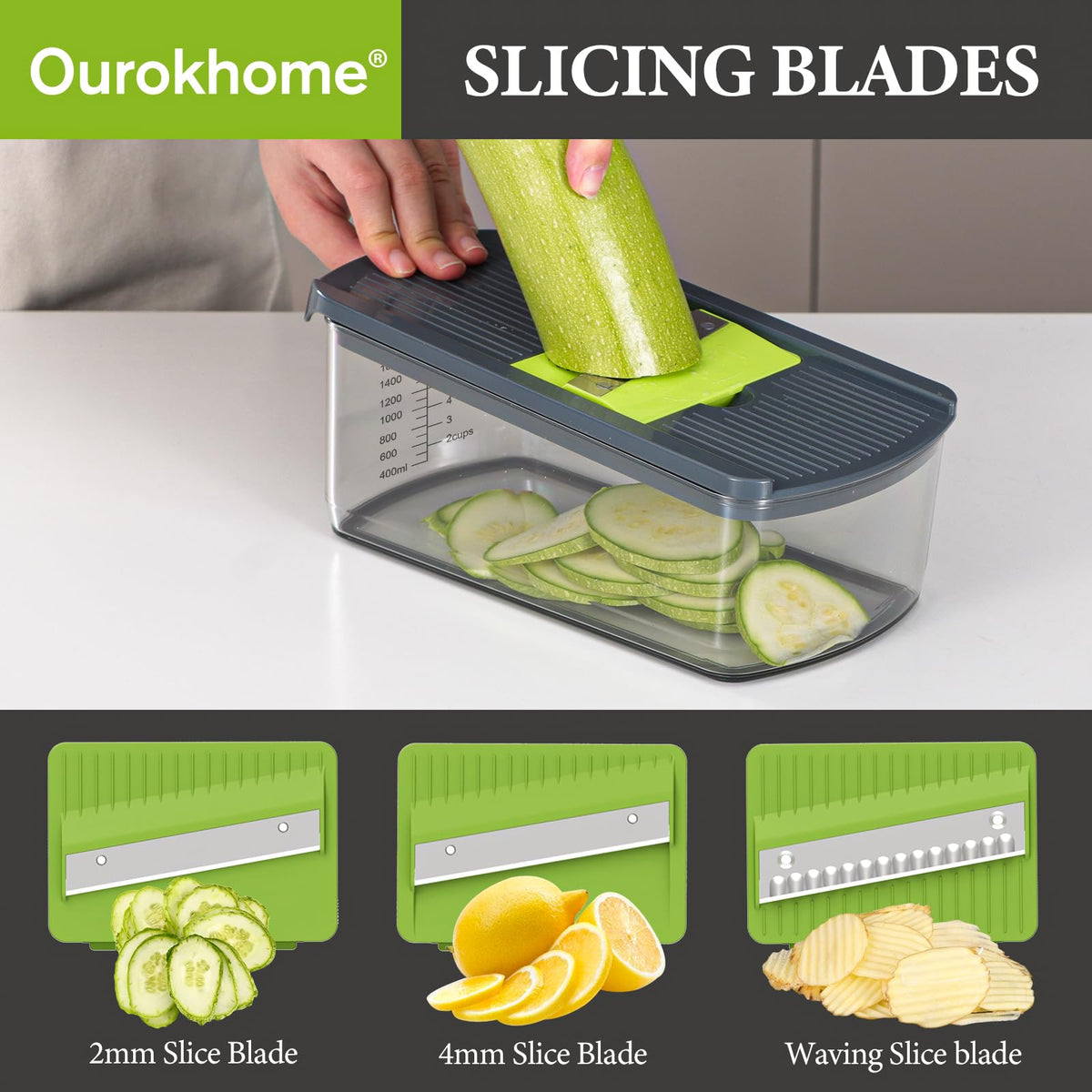 Ourokhome mandolin slicer collection tray holds chopped ingredients neatly.