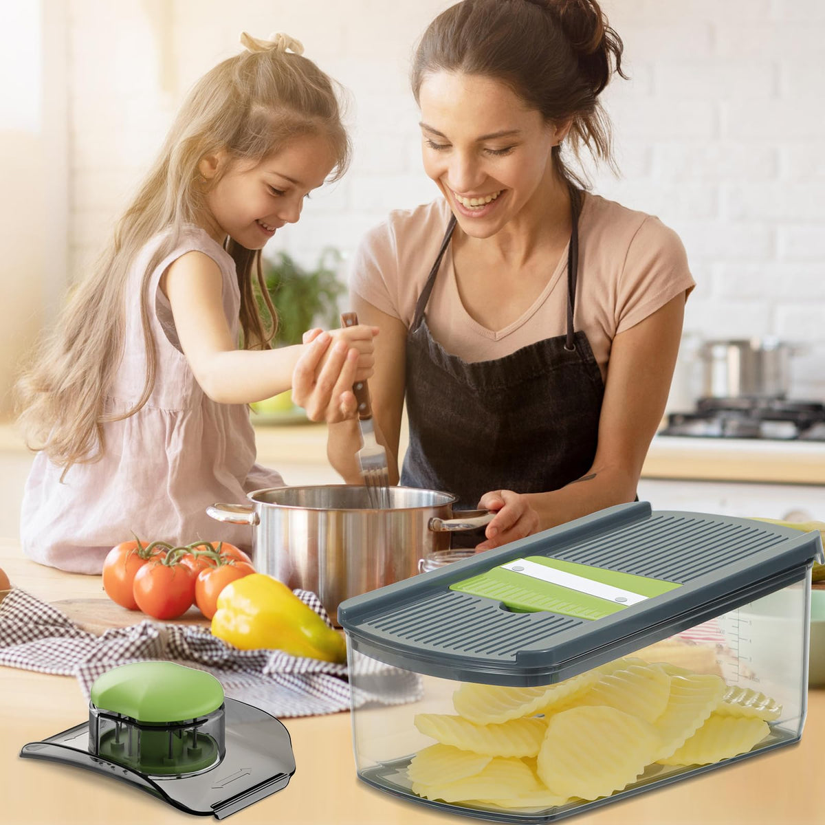 Ourokhome mandolin slicer two-liter tray captures chopped produce.