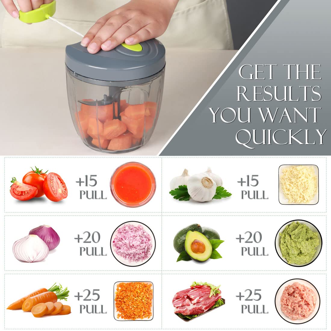 Ourokhome pull-string action enables fast, hands-free chopping without electricity.