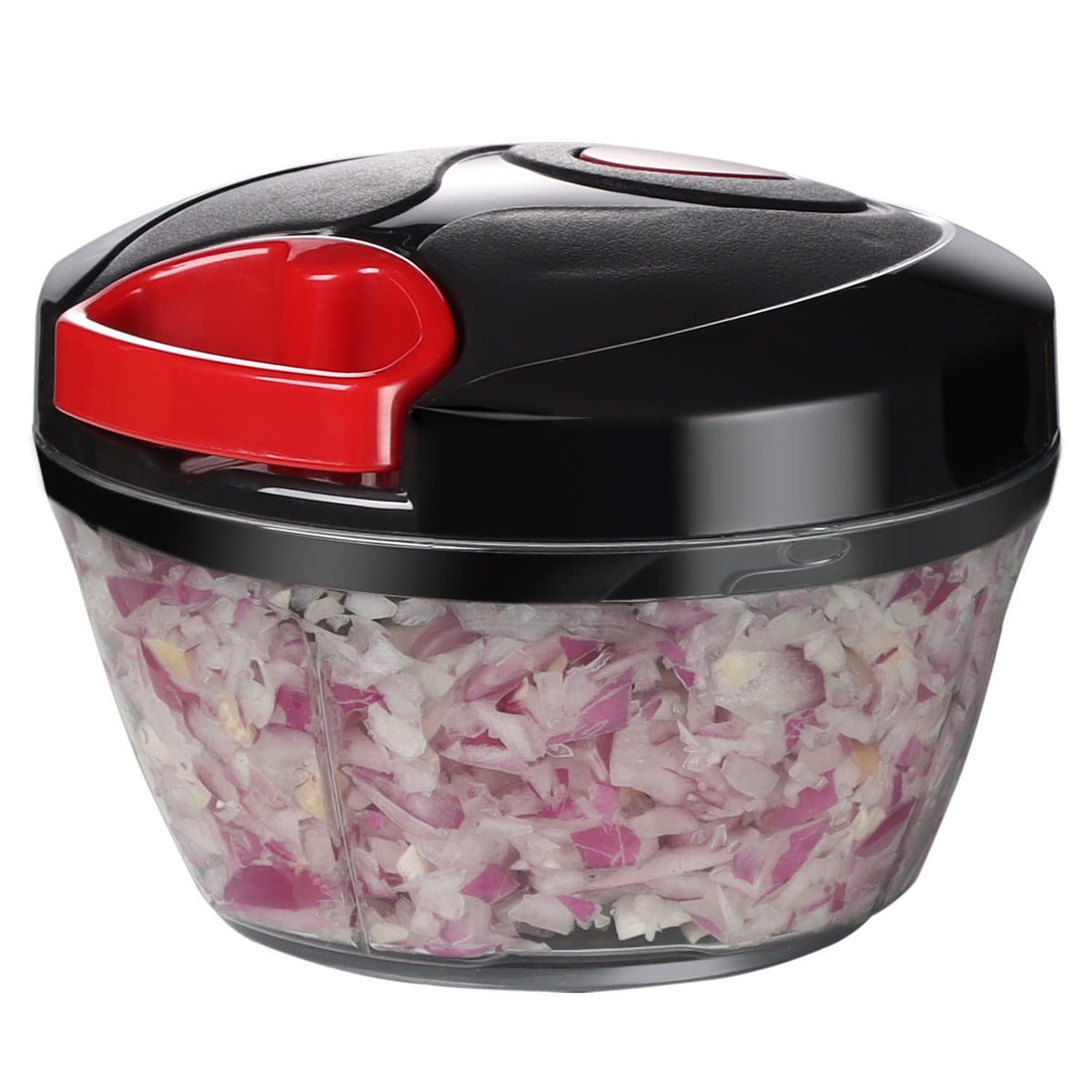 Ourokhome manual food processor in action for quick, hands-free chopping.