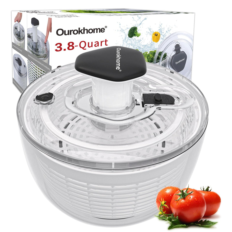 Ourokhome salad spinner with one-handed operation for fast greens drying.