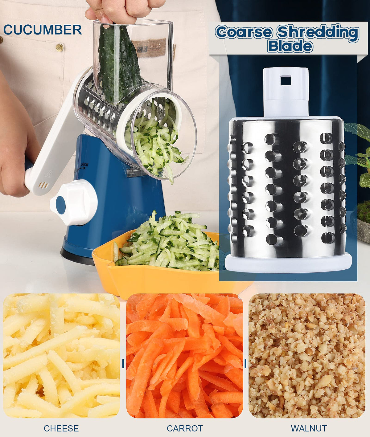 Ourokhome three-blade system close-up enables slicing, coarse, and fine shredding.