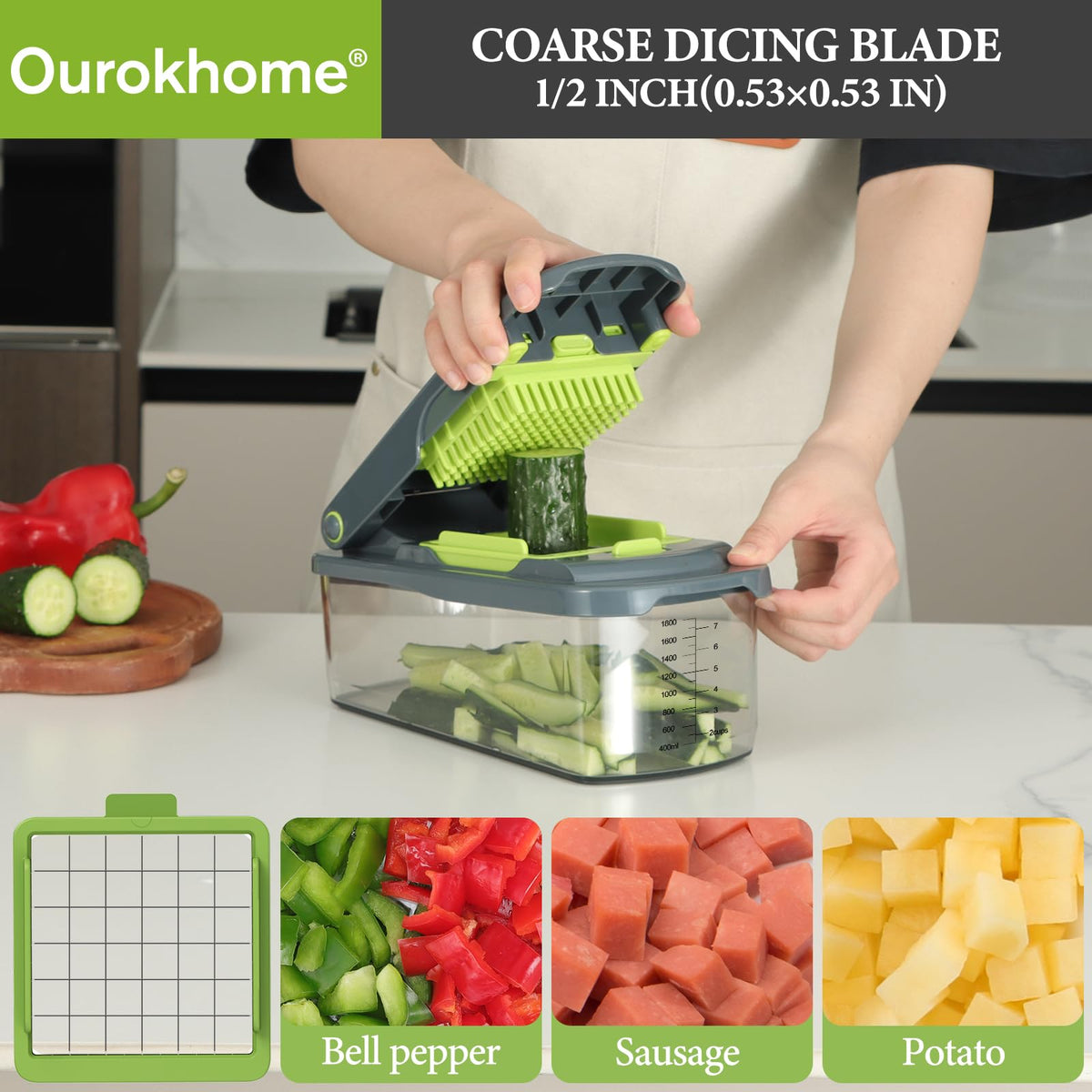 Ourokhome chopper blade 1/2 inch dice for quick prep.
