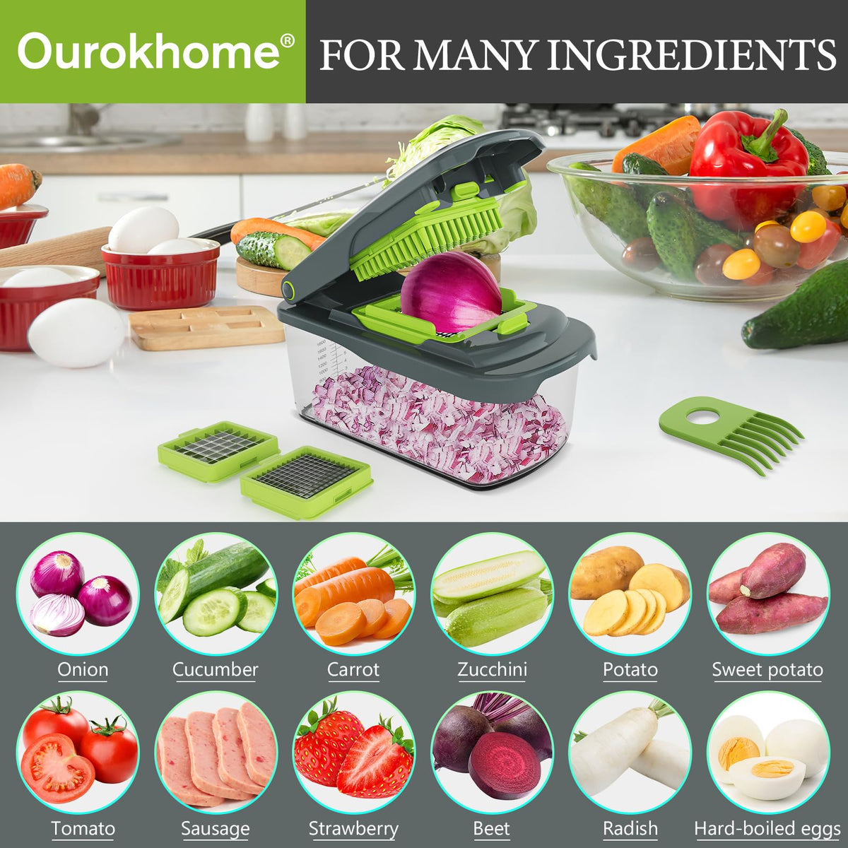 Ourokhome chopper in use shows uniform cubes from vegetables.
