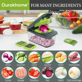 Ourokhome chopper in use shows uniform cubes from vegetables.