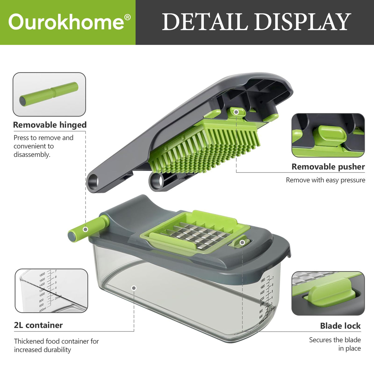 Ourokhome chopper pusher removable for easy cleanup.