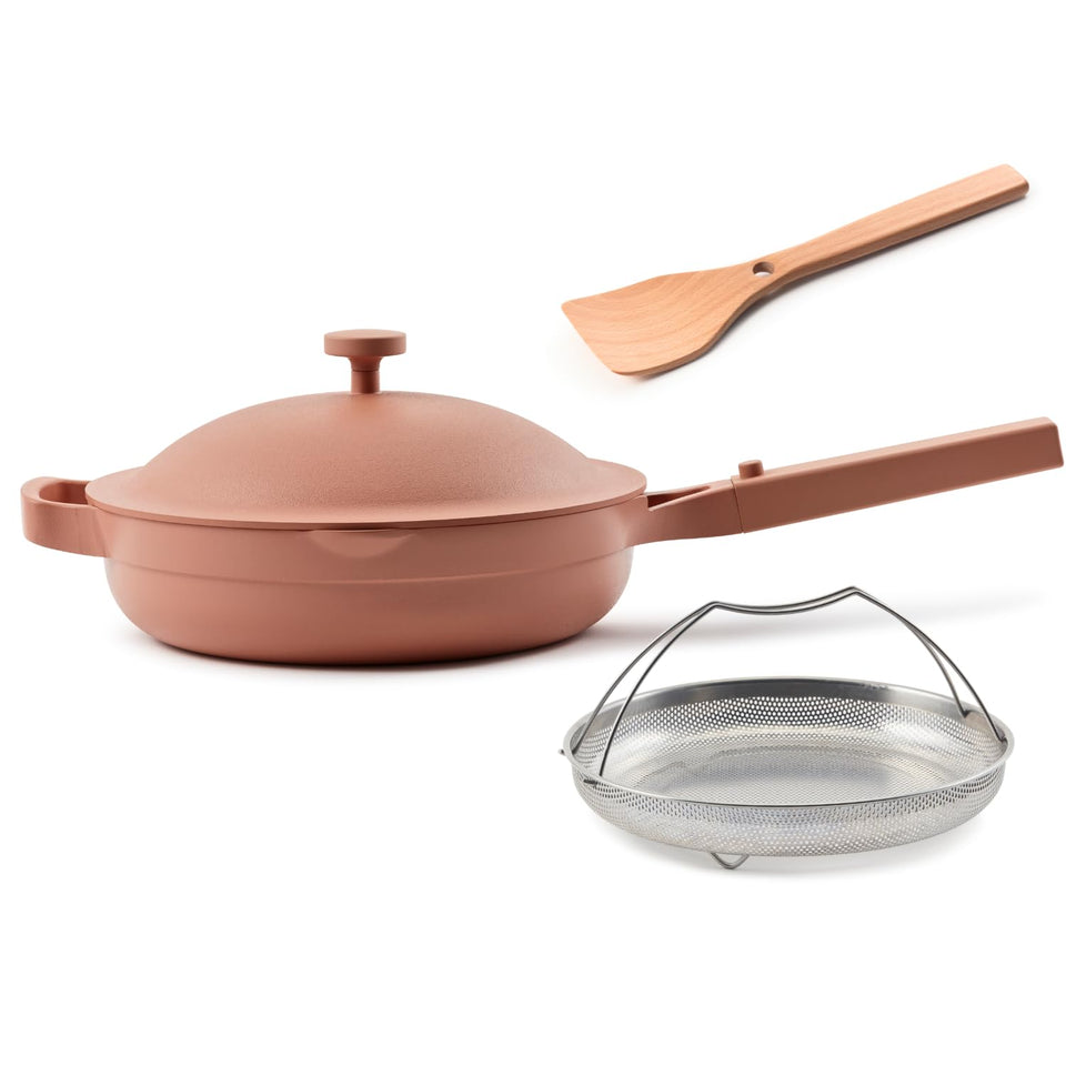 Our Place Always Pan 2.0 with lid and steamer basket for one-pan meals.