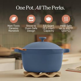 Our Place Perfect Pot lid with built-in strainer for easy draining.
