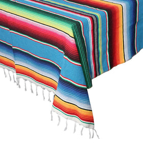 OurWarm serape tablecloth with blue fringe for festive outdoor dining.