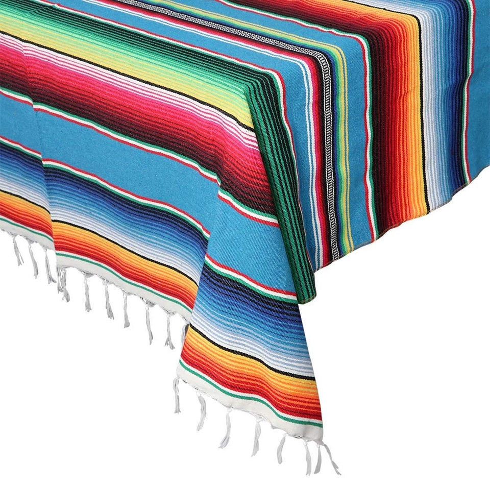 OurWarm serape tablecloth with blue fringe for festive outdoor dining.