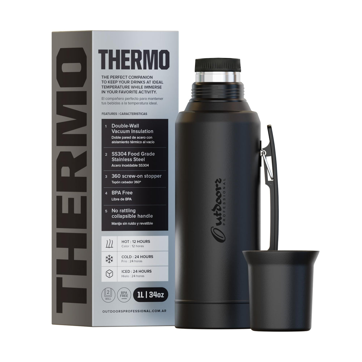 Outdoors Professional vacuum thermo 34oz bottle with sleek stainless body for all-day heat retention.
