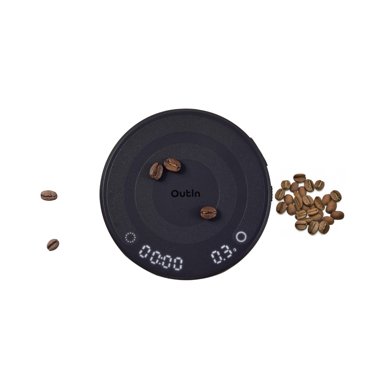 OutIn Claro scale compact design on kitchen counter enabling precise coffee weighing.