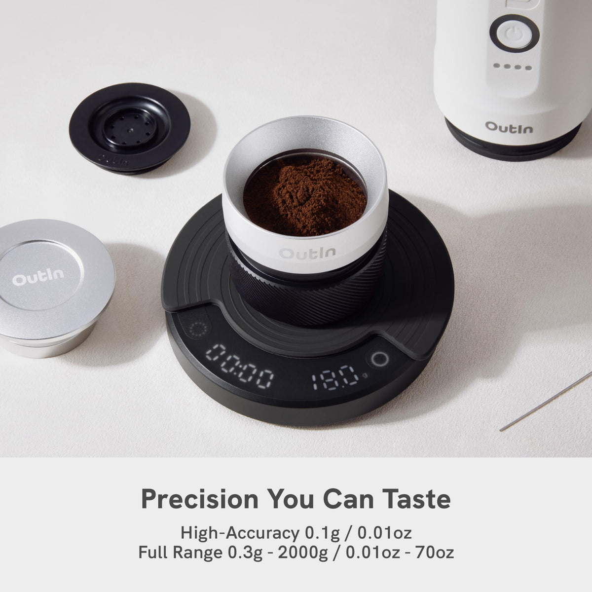 OutIn Claro scale in pour-over mode displaying brew data for consistent results.