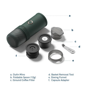 OutIn Mino pocket-size coffee maker tucked into a backpack for travel convenience.