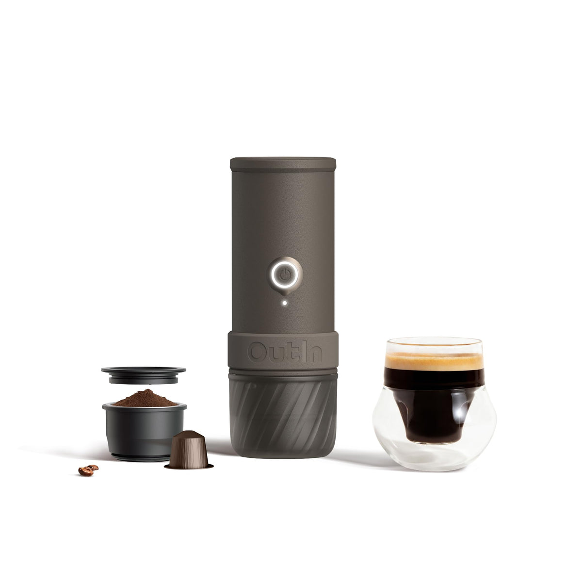 OutIn Mino portable espresso machine, front view, ideal for on-the-go adventures.