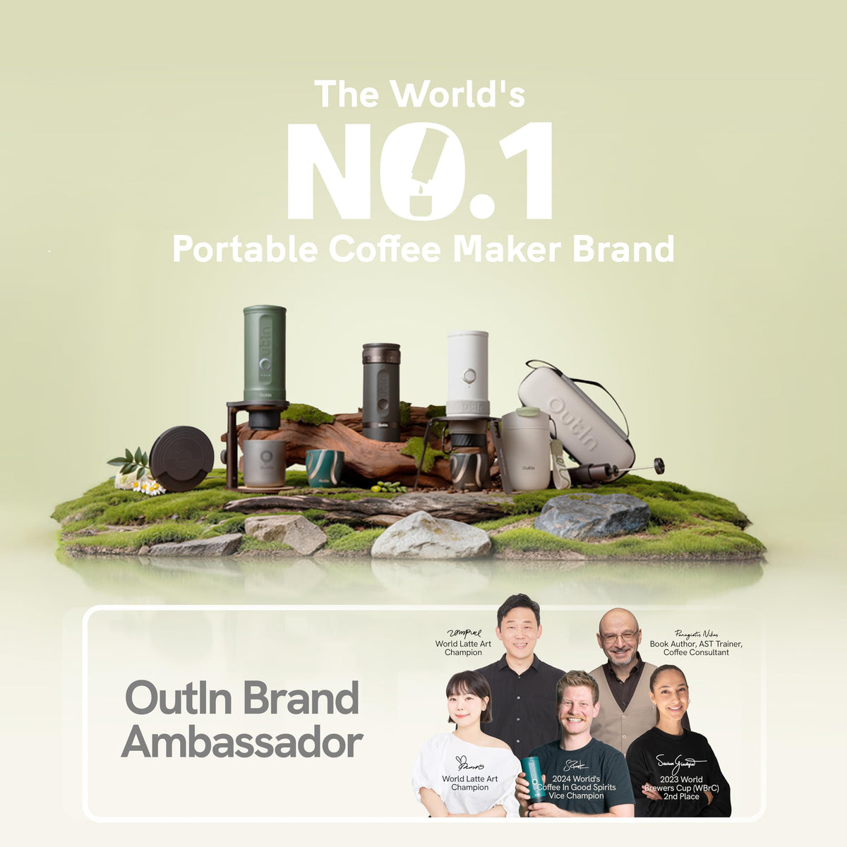 OutIn Nano packaging shows ground coffee and NS capsule compatibility.
