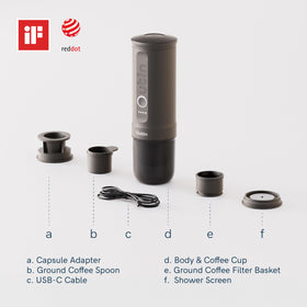 OutIn Nano espresso machine side view, lightweight and easy to carry on hikes.