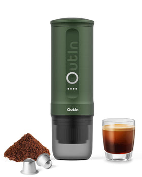 OutIn Nano portable espresso machine for travel and camping use, compact and ready anywhere.