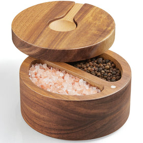 OUTNILI acacia salt box with swivel lid, dual compartments for easy spice access.