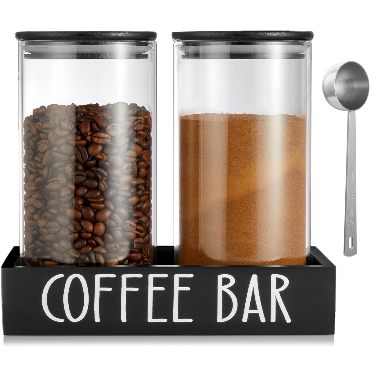 Outnili two canisters on a black wood tray for a stylish coffee bar display