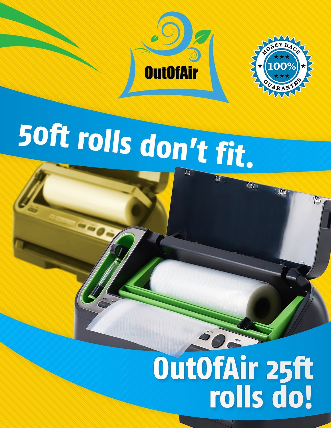 OutOfAir works with all vacuum sealers, shown here for broad compatibility.