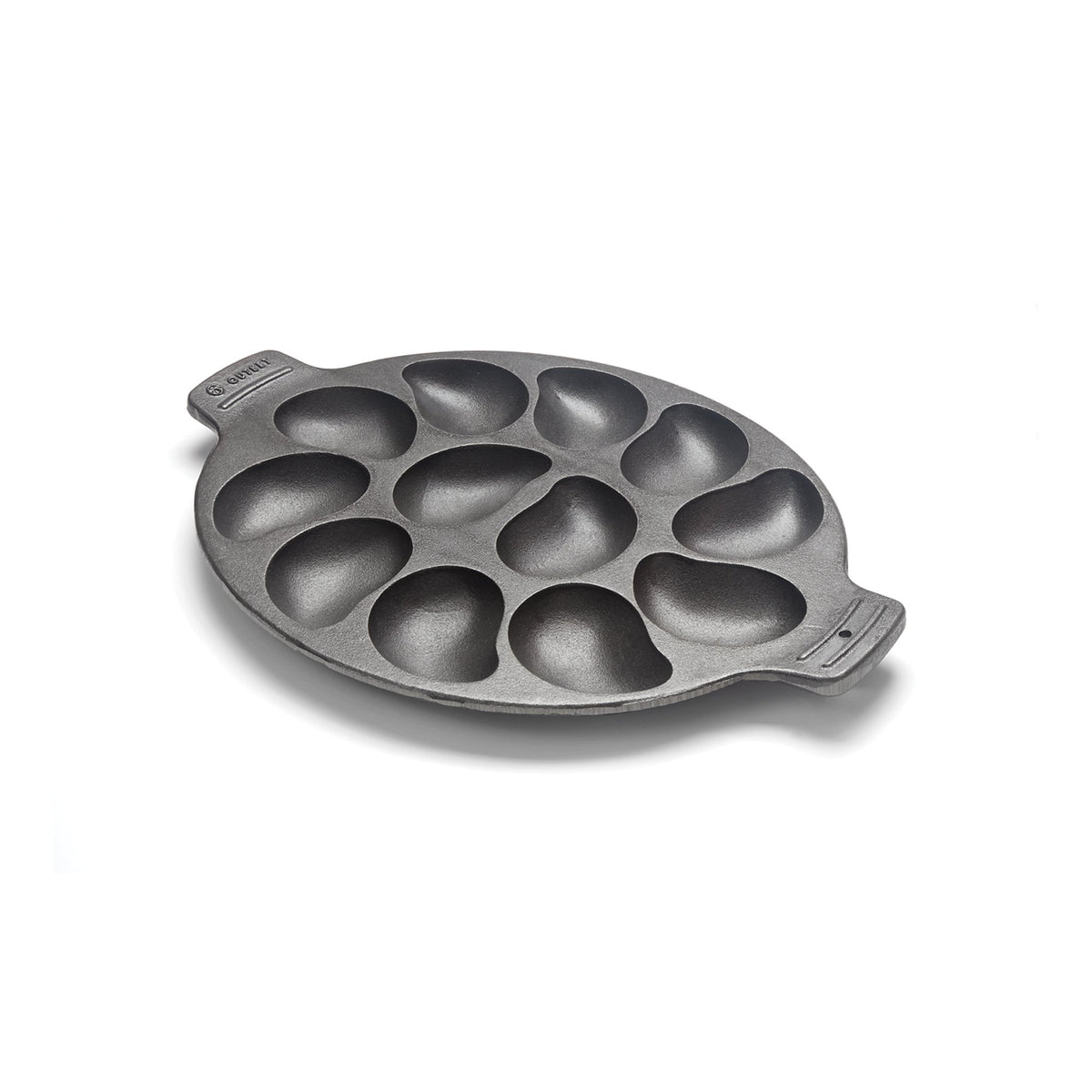 Outset cast iron oyster grill pan with 12 cavities for easy, even seafood grilling.