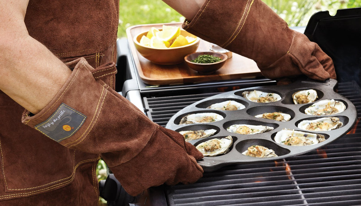 Outset nonstick coating oyster pan for easy release and quick cleanup.