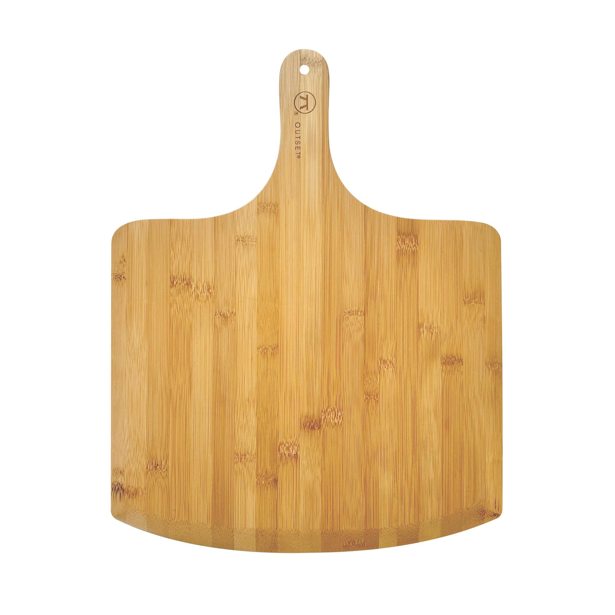 Outset pizza peel extra-large bamboo paddle for easy pizza transfer.