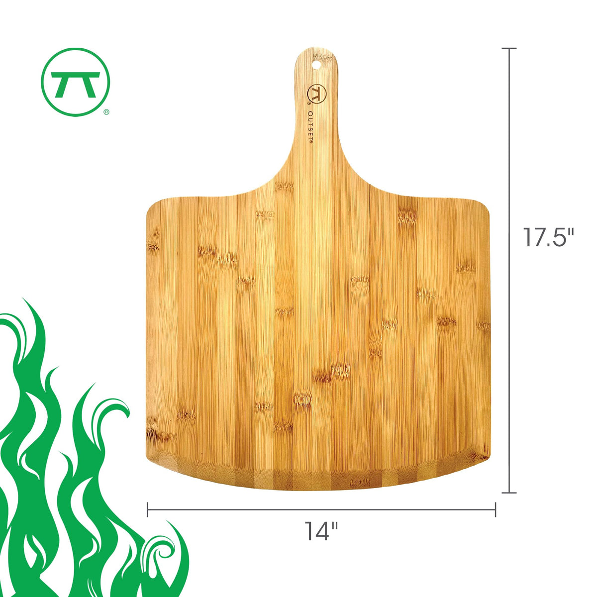 Outset pizza peel includes a hanging hole for easy kitchen storage.