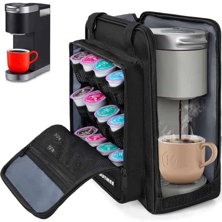 OUUTMEE bag shows main compartment fitting Keurig K-Mini securely for travel