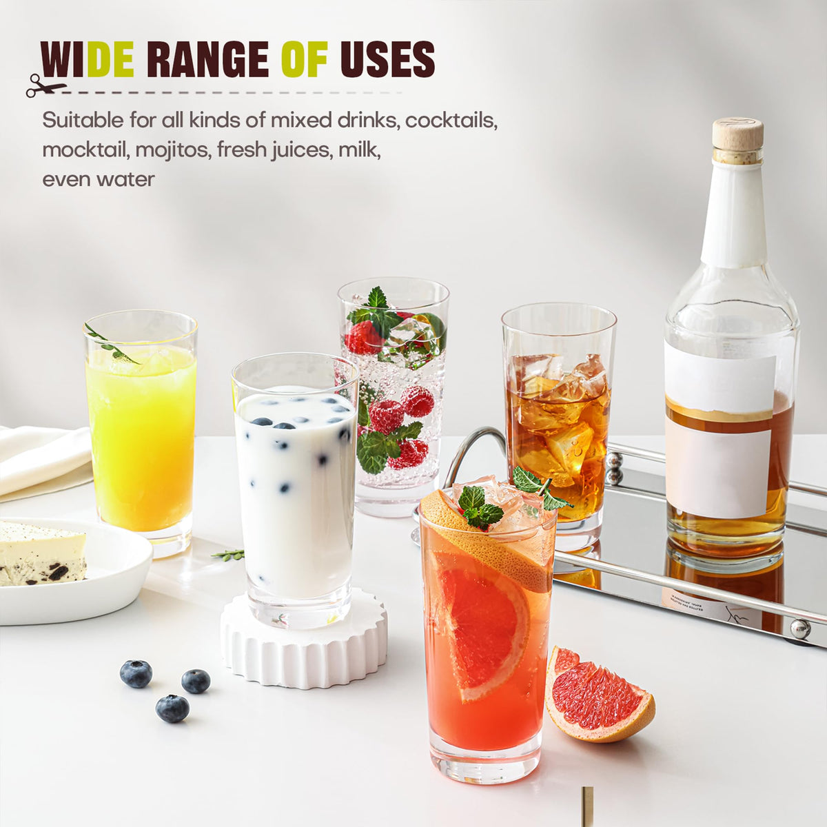 OUWO highball glass set 12-piece 13oz durable for daily use