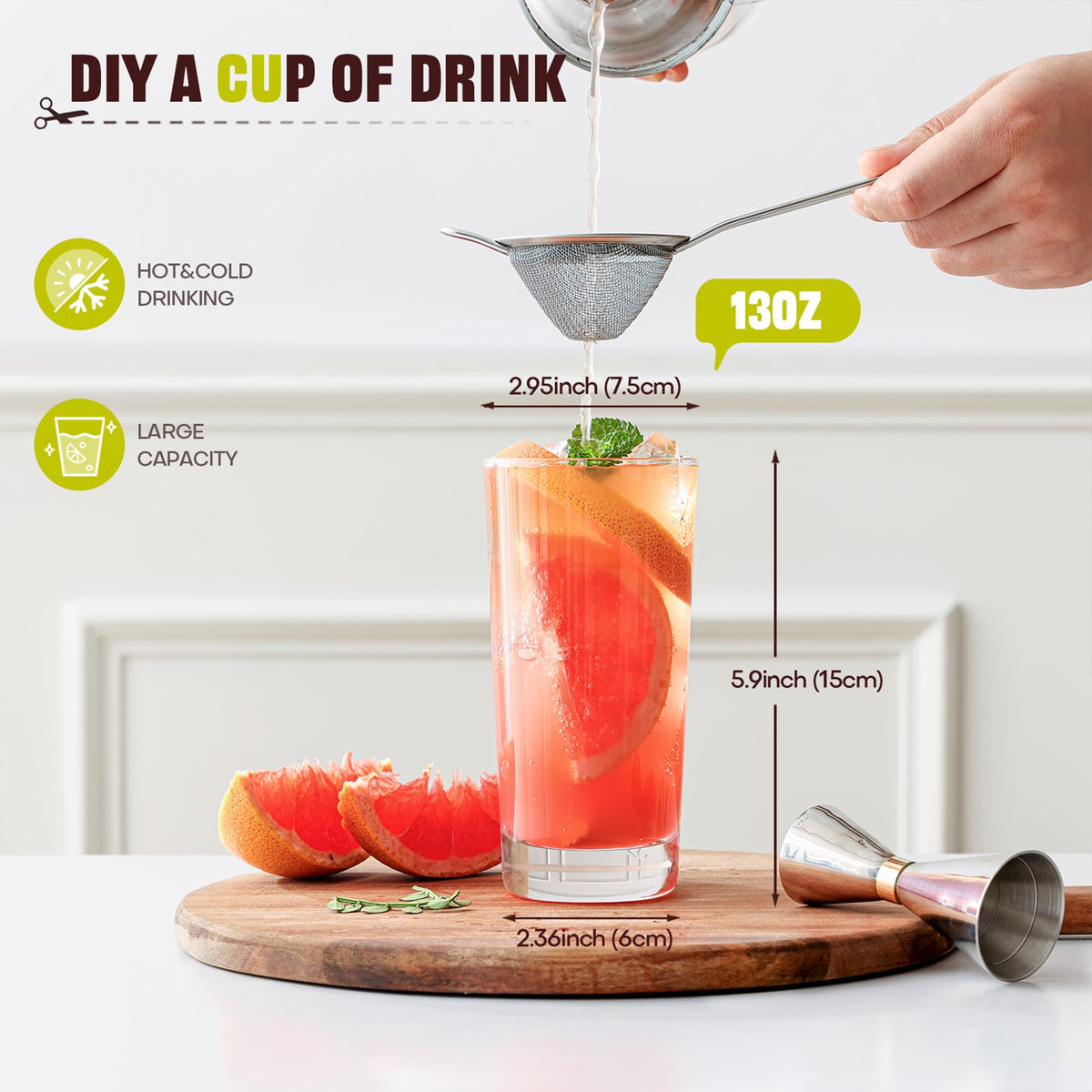 OUWO Collins-style glass 13oz clear for elegant beverages