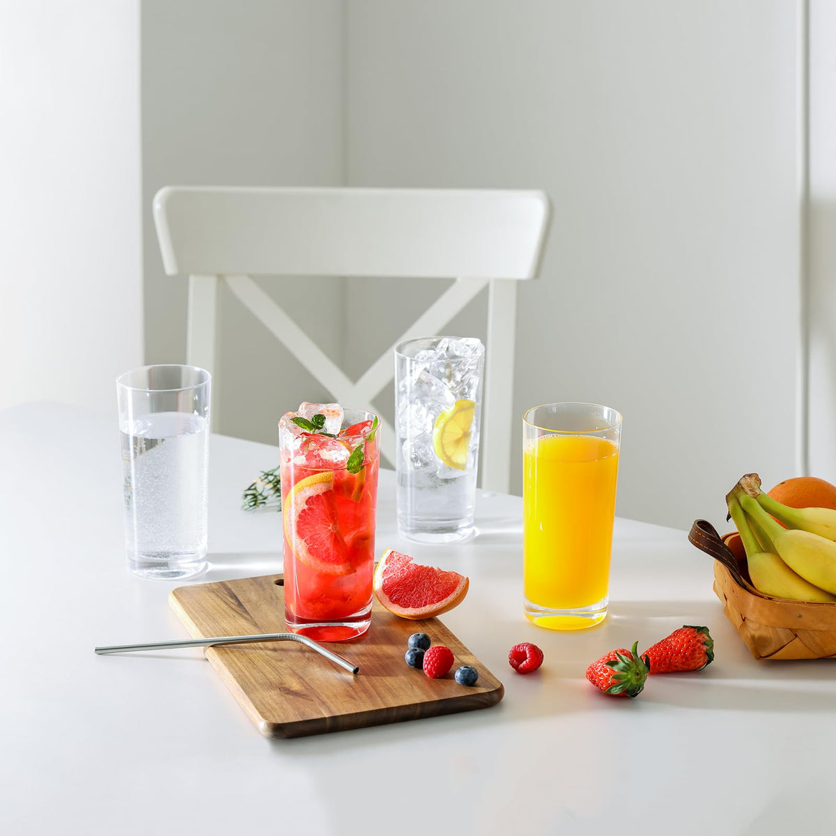 OUWO highball glasses kitchen counter scene conveys everyday durability.