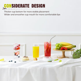 OUWO highball glasses stacked display emphasizing capacity and sleek silhouette.