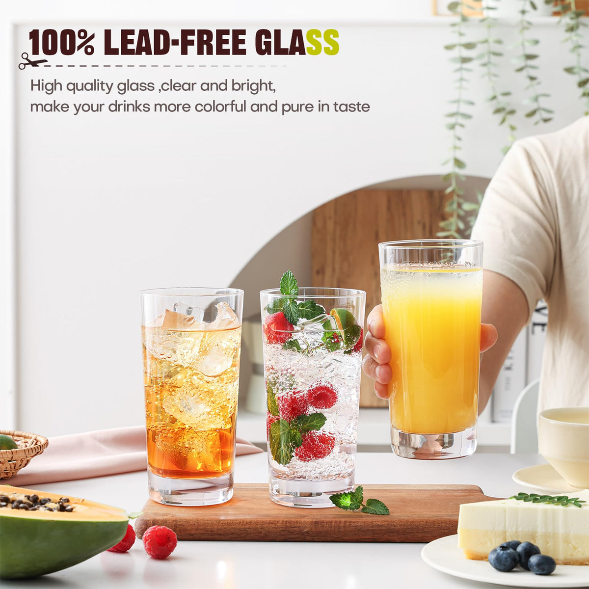OUWO tall cocktail glass 13oz clear for Collins and mixed drinks