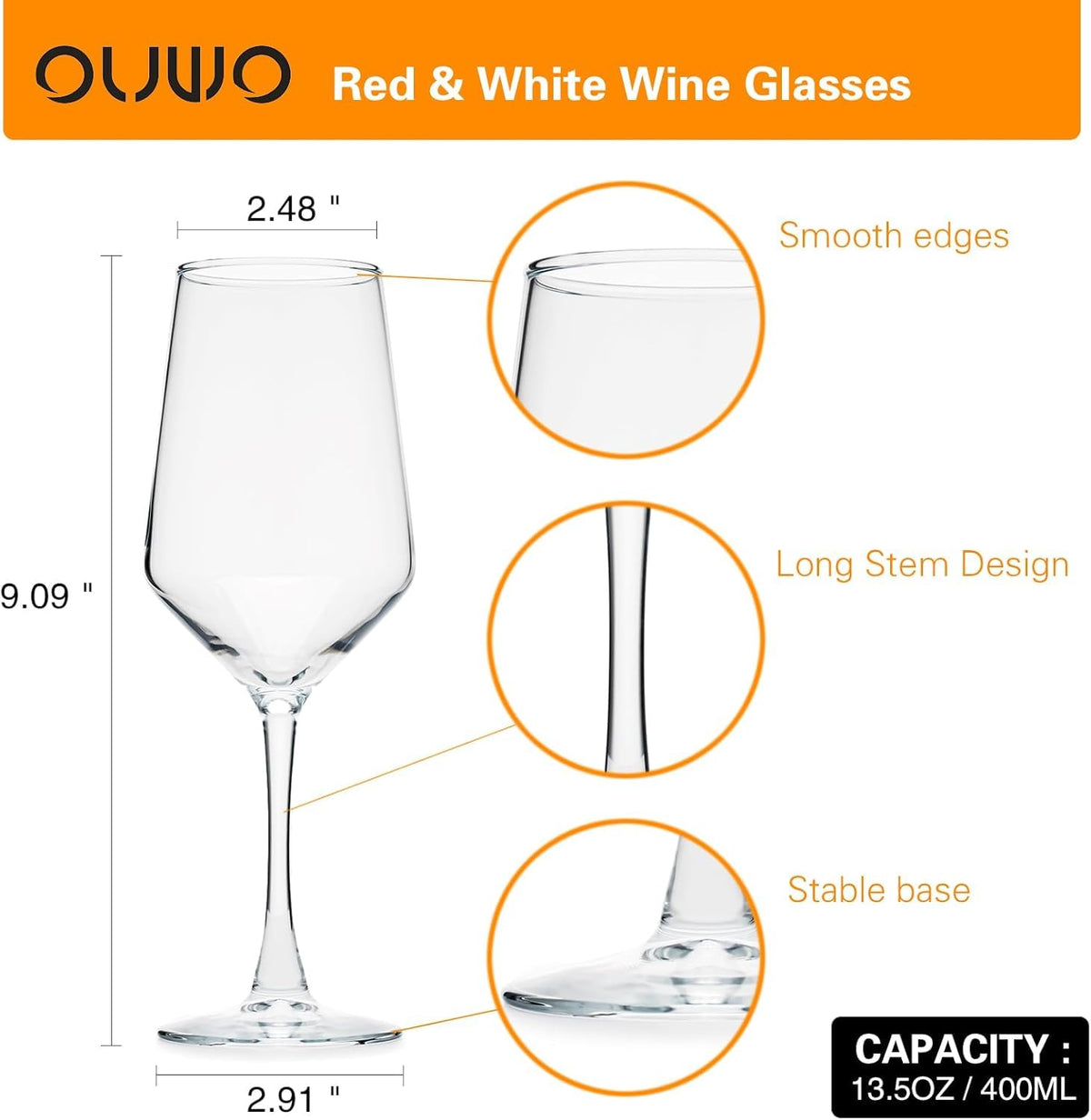 OUWO 13.5oz capacity suits red and white wines for generous pours.