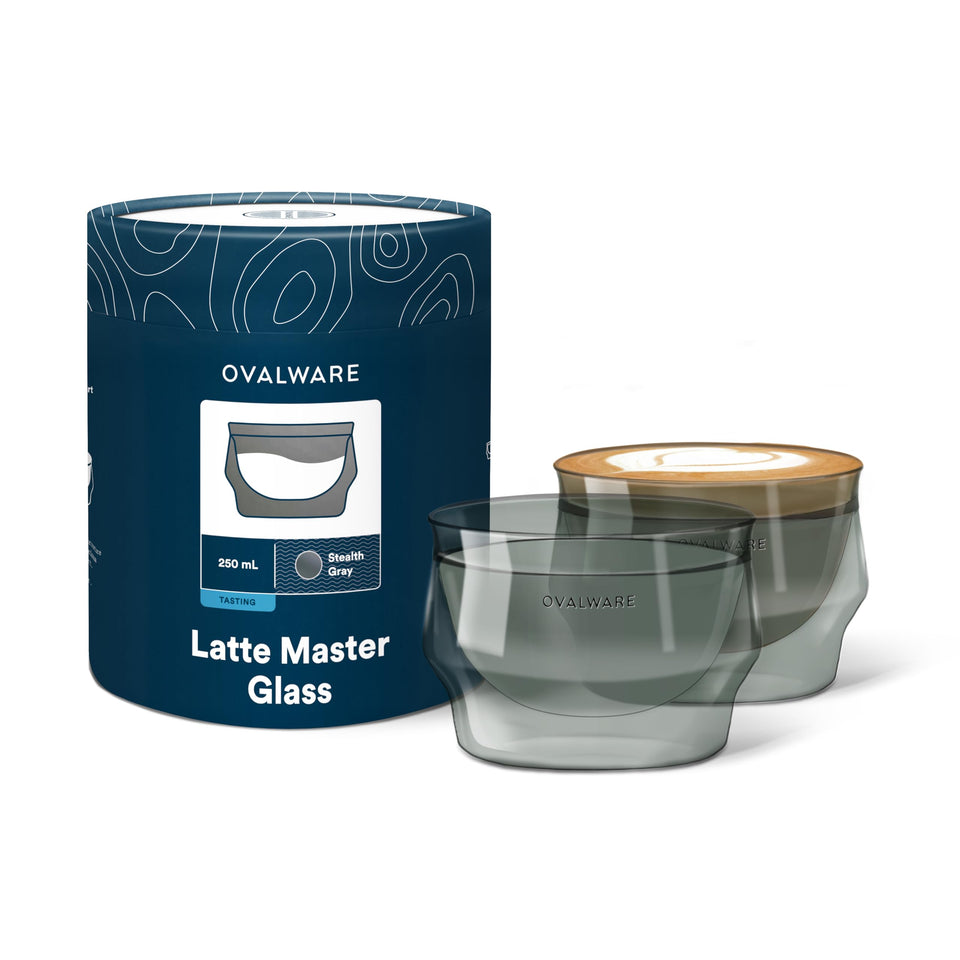 Ovalware latte glasses in stealth gray with palm-size design for comfortable handling.
