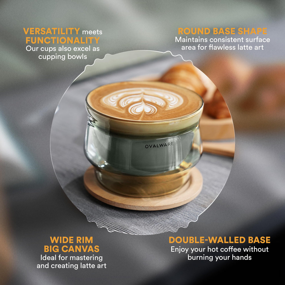 Ovalware latte glasses with a wide rim showcase your drink and improve sipping comfort.