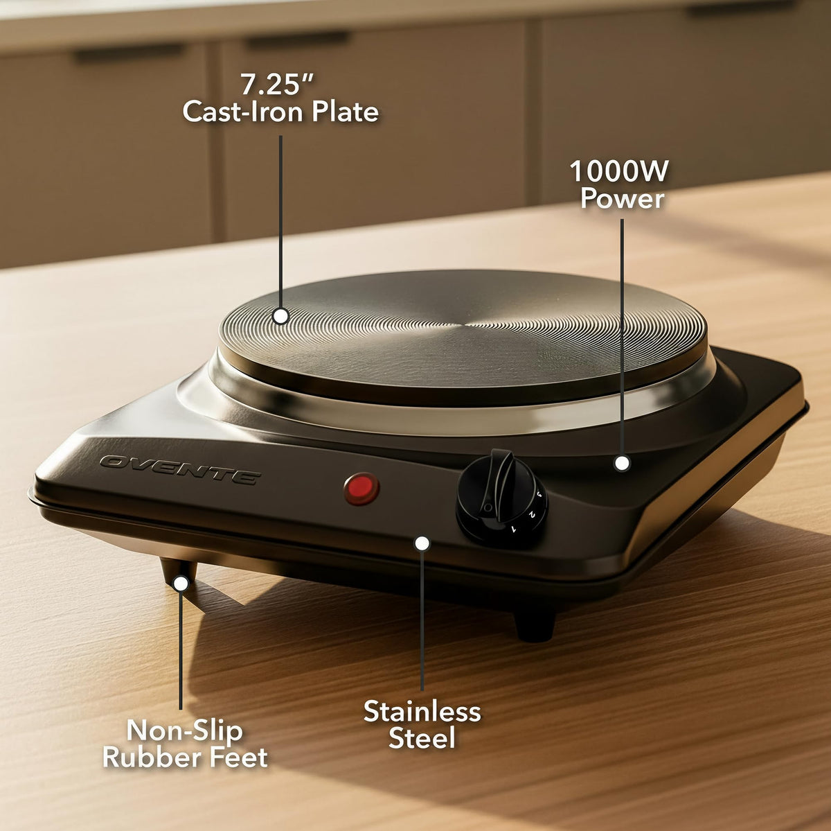 OVENTE 1000W heating element preheats quickly for boiling or frying.
