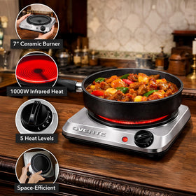 OVENTE 1000W burner in action delivers fast boil and steady heat for soups.