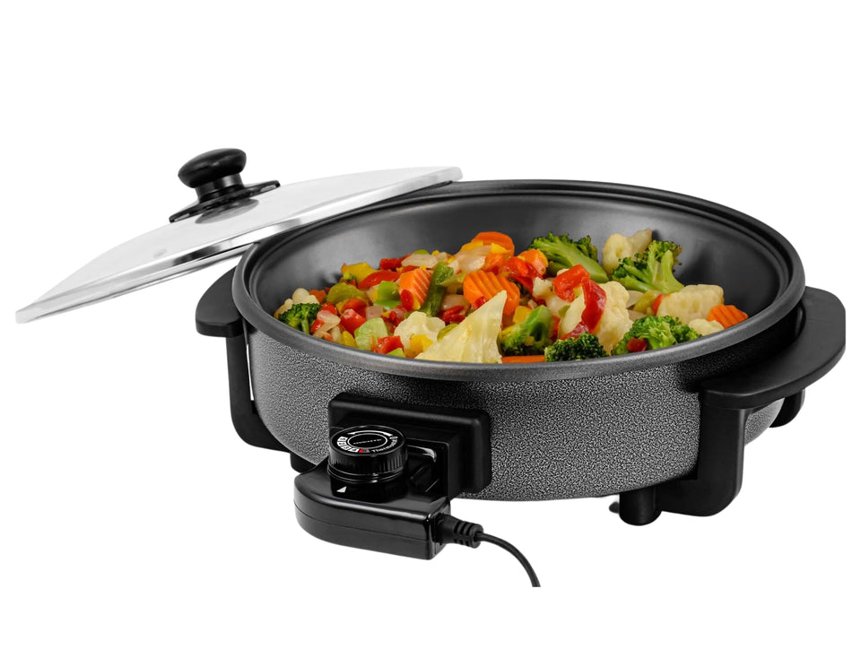 OVENTE 11.5-inch electric skillet top view shows spacious cooking surface for family meals.