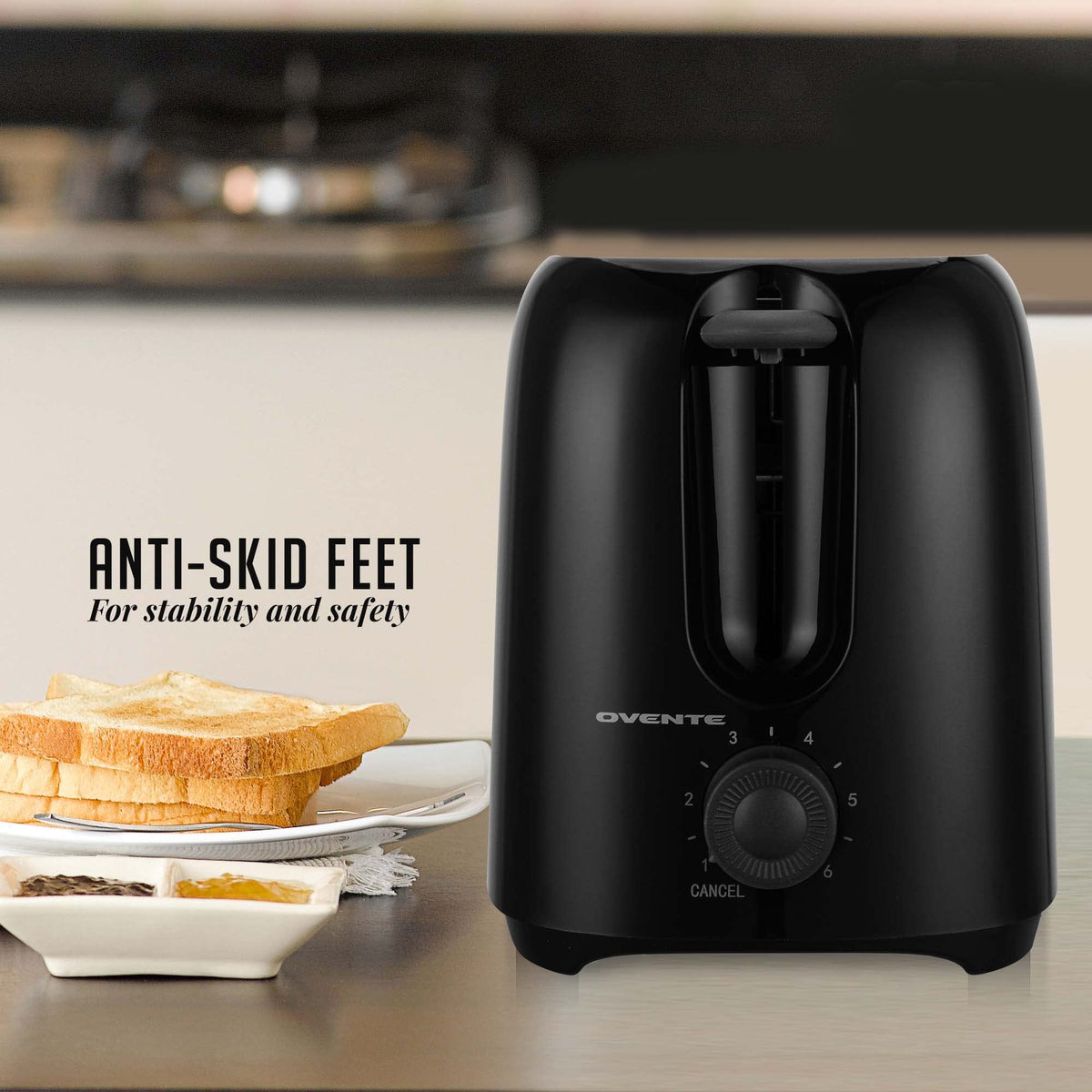 OVENTE TP2210B removable crumb tray keeps countertops clean.
