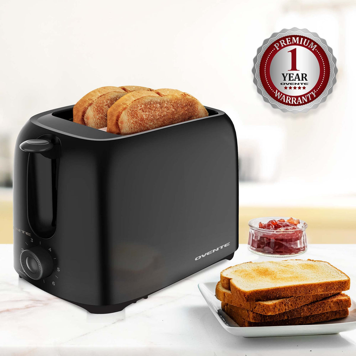 OVENTE TP2210B slim black finish fits modern kitchens.