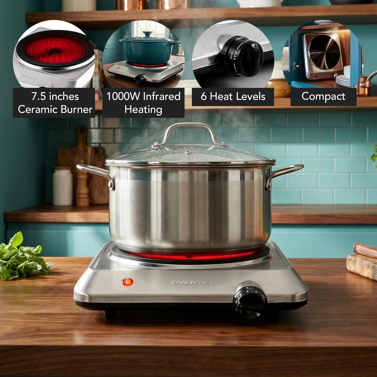 OVENTE 7.5-inch ceramic glass cooktop; even heating for quick meals.