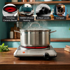 OVENTE 7.5-inch ceramic glass cooktop; even heating for quick meals.
