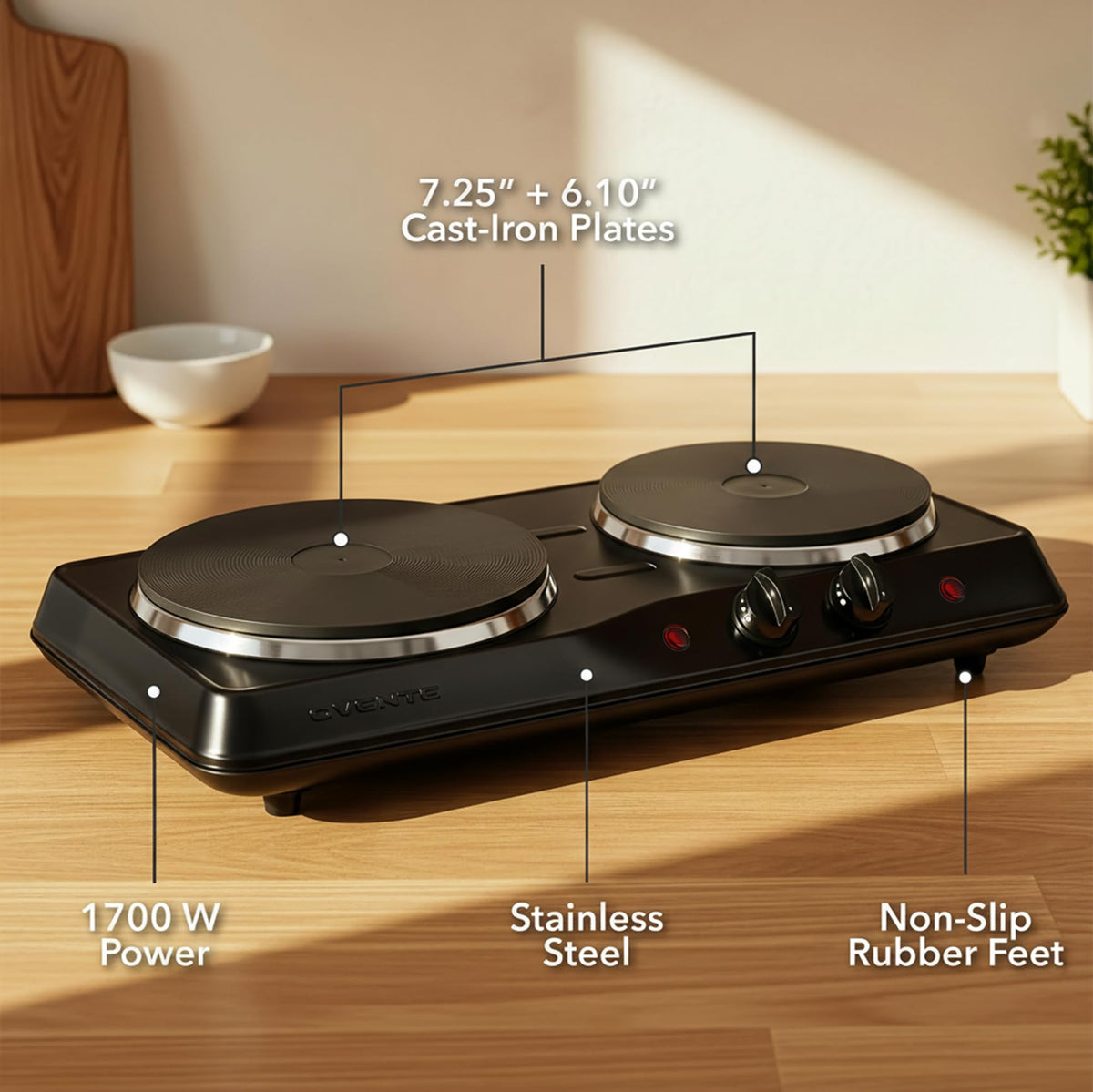 OVENTE adjustable temperature control for precise cooking on any recipe.