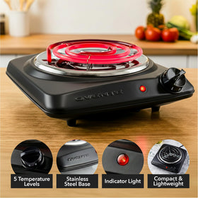 OVENTE BGC101B 6-inch coil close-up highlights the heating plate for fast heating.