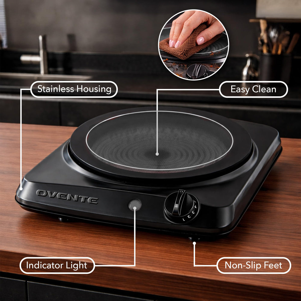 OVENTE BGI101B ceramic glass top highlights easy cleaning and quick wipe-down.