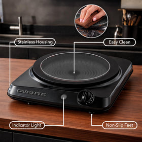 OVENTE BGI101B ceramic glass top highlights easy cleaning and quick wipe-down.
