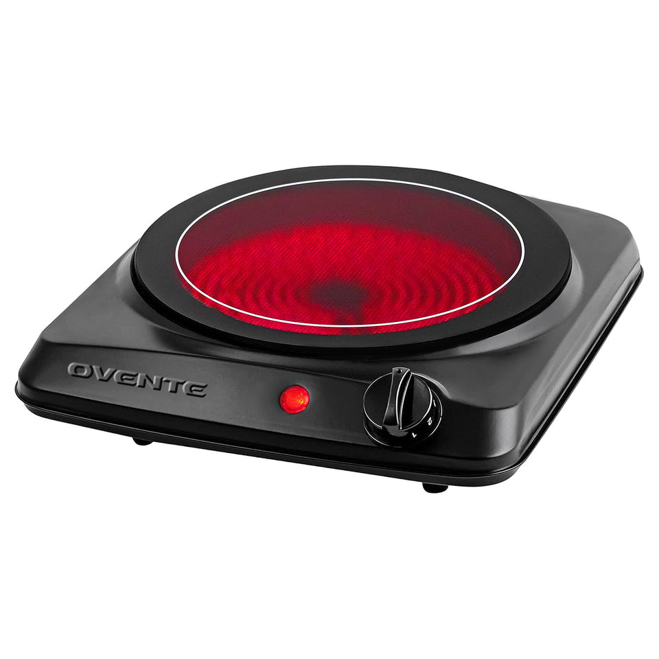 OVENTE BGI101B compact burner front view for space-saving countertop cooking.